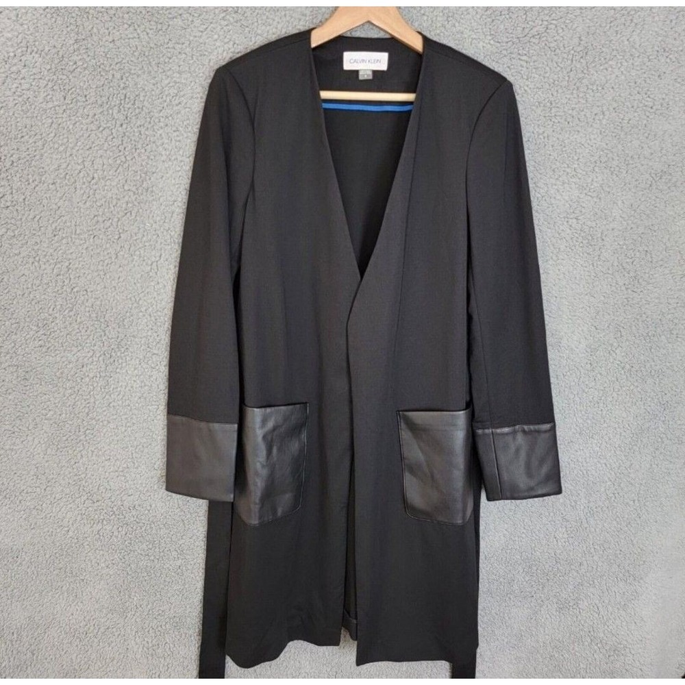 CALVIN KLEIN Black Faux Longline Leather Topper Jacket Minimalist Lagenlook 24W